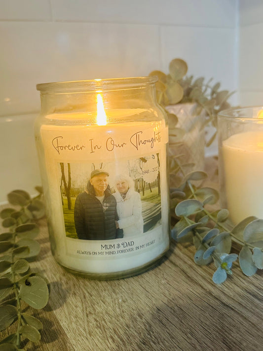 Personalised Forever In Our Thoughts Memorial Candle Label Cursive Text