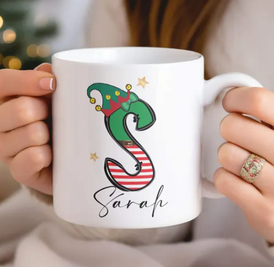 Personalised Christmas Elf Initial Mug