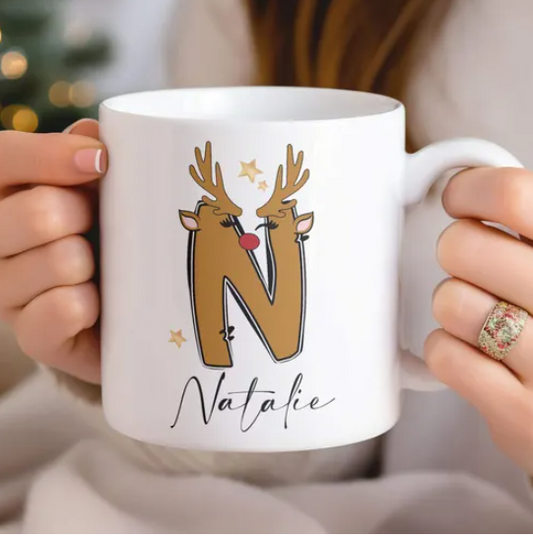 Personalised Christmas Reindeer Initial Mug