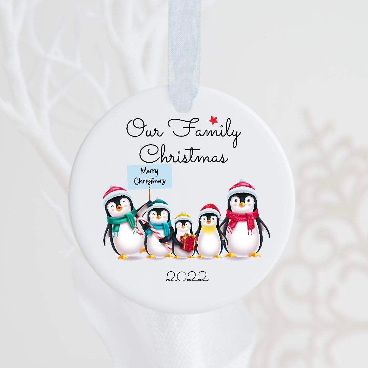 Personalised Christmas Penguin Family Ceramic Bauble