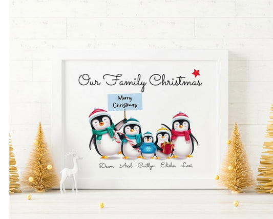 Personalised Christmas Penguin Family Print