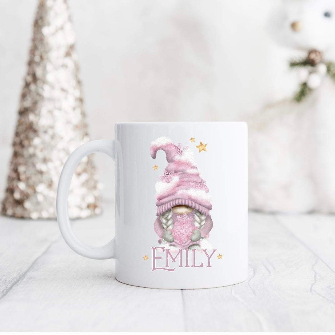 Personalised Pink Christmas Gonk Enamel Mug