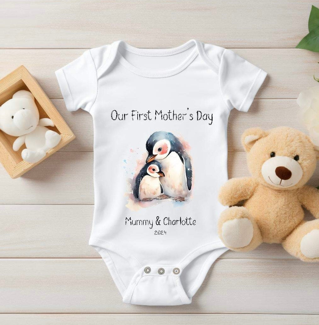 Personalised first Mother’s Day pink penguin baby vest, baby bodysuit, personalised bib, first time Mummy, personalised Mother’s Day,